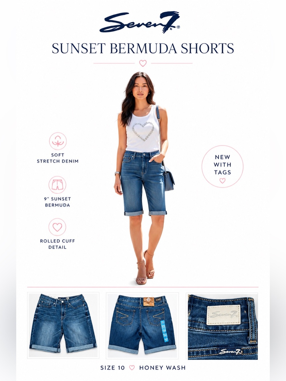 NWT Seven7 Sunset denim Bermuda rolled cuff stretch gold patch SZ 10